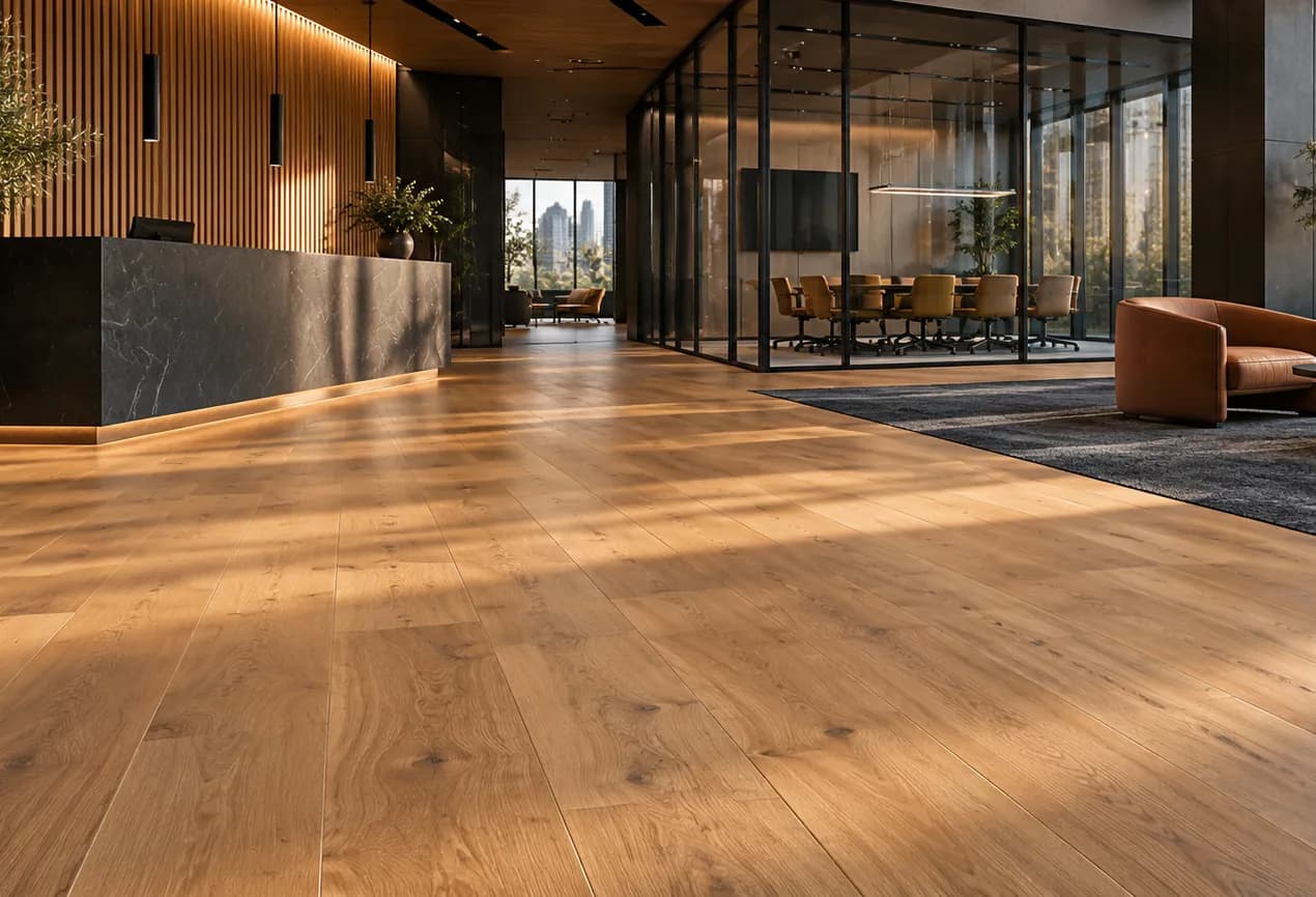 Office lobby with warm oak flooring, a stone reception desk, a glass-walled meeting room and a lounge chair on a rug.