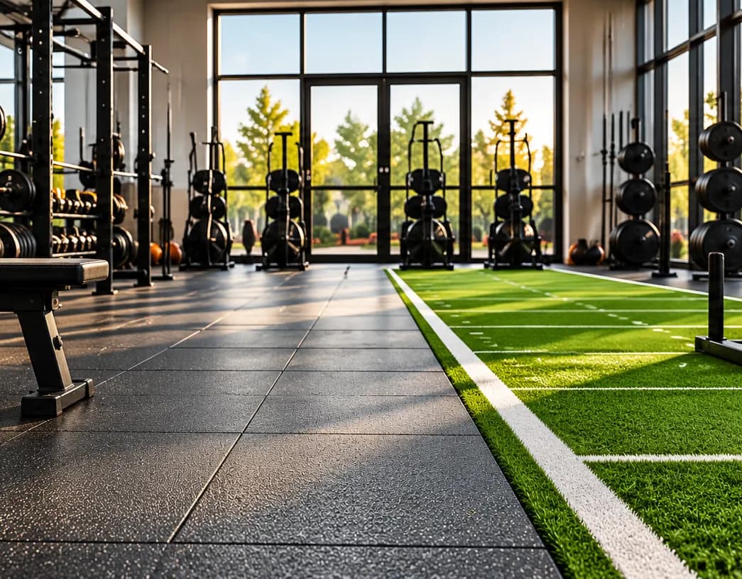 Commercial gym with black rubber flooring under weight racks, beside a green turf lane with weight sleds and tall windows.