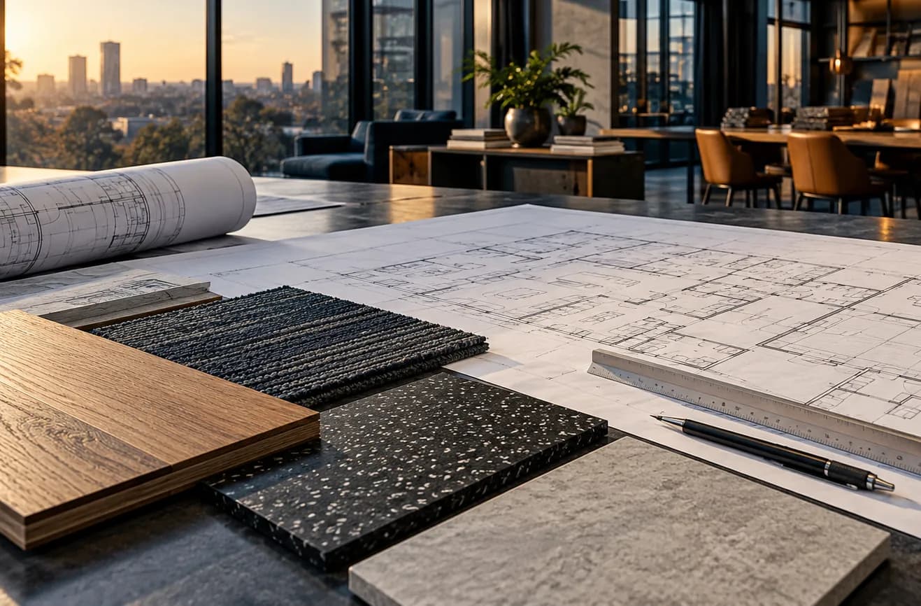 Floor plans, a ruler and a pen on a table beside wood-look, carpet tile, rubber and stone flooring samples.