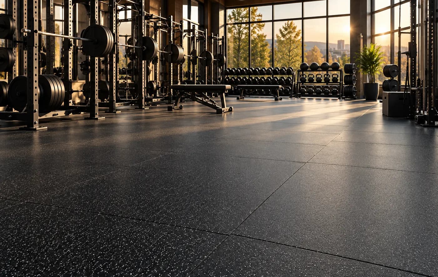 Sunlit commercial weight room with black rubber flooring, squat racks, a bench and plate storage beside tall windows.
