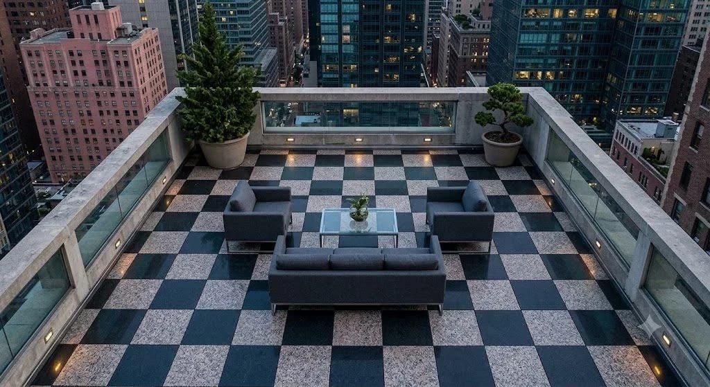 Corporate rooftop patio surfaced with checkerboard rubber patio pavers and lounge seating, city skyline behind