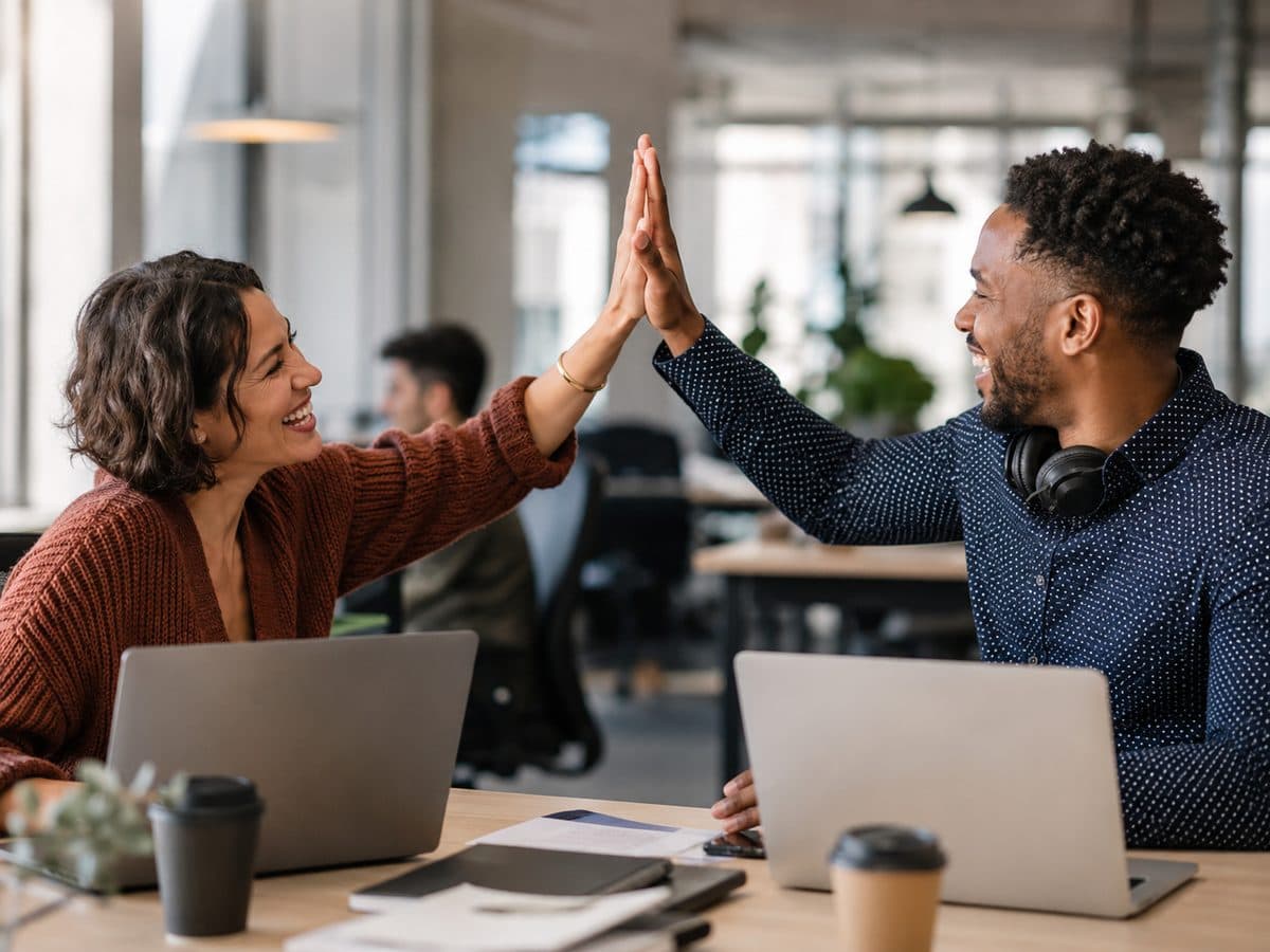 Two coworkers high-fiving across a desk