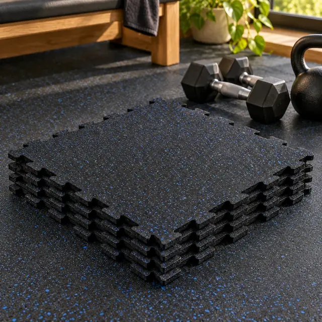 Stack of blue-fleck black interlocking rubber tiles beside dumbbells and a kettlebell in a sunlit home gym.