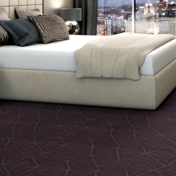 Shaw Refine Carpet, Integral — bedroom with dark purple geometric pattern carpet