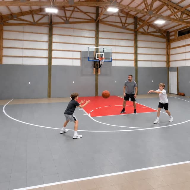 Two children pass a basketball with a coach on a gray and red indoor court with square modular tiles.