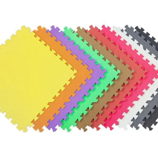 1/2" Eco-Soft + Foam Tiles — interlocking EVA foam floor tiles in yellow, orange, purple, green, brown, red, pink, white