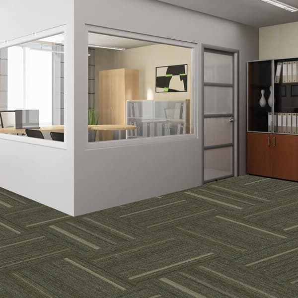 Office with Pentz Revival Carpet Tiles in dark green with light green stripe pattern