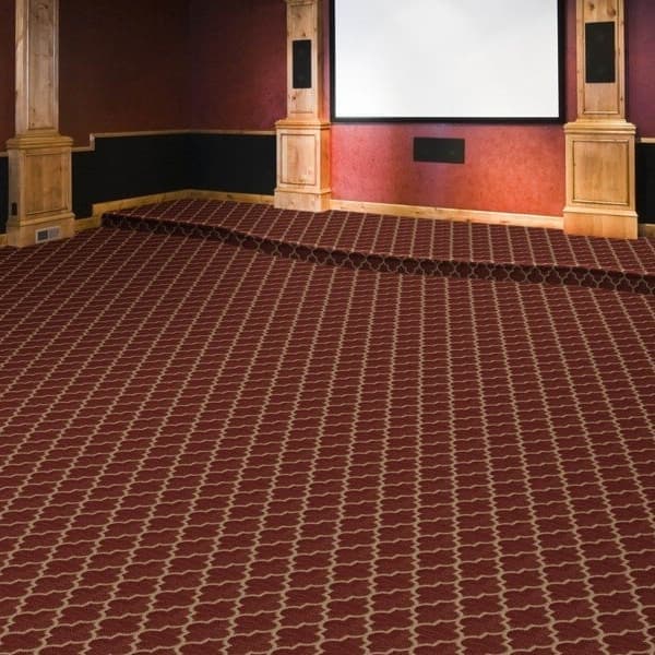 Joy Carpets Orchard House carpet roll in Bark — home theater room with geometric patterned carpet covering the floor and