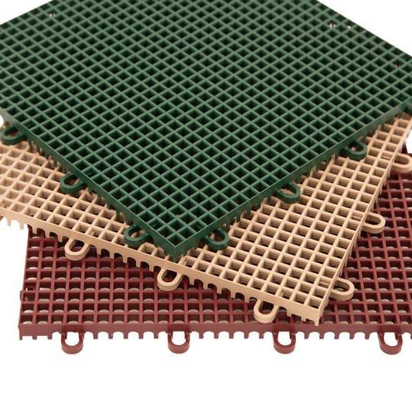 ProFlow Drainage Tiles — green, camel's back, and brick red EVA grid tiles stacked, interlocking edges visible