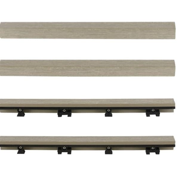 NewTechWood 12" Straight Trim — light gray wood grain WPC trim pieces with black fasteners, shown in four stacked views