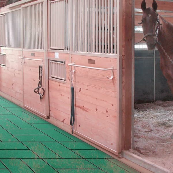 Horse stall mats in barn with horse.