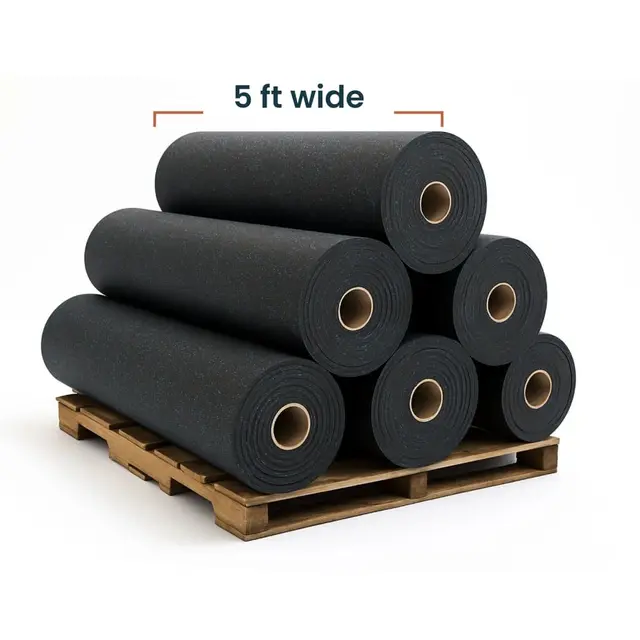 Rubber flooring rolls stacked on a wooden pallet with a 5 ft wide indicator above the upper roll.