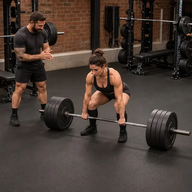 Female powerlifter prepares a grounded barbell deadlift with a training partner in an industrial gym on Black rubber rolls.