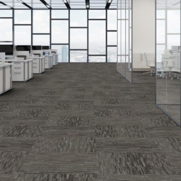 Modern office with Patcraft Commitment carpet tiles, Boisterous pattern, under desks and glass partitions