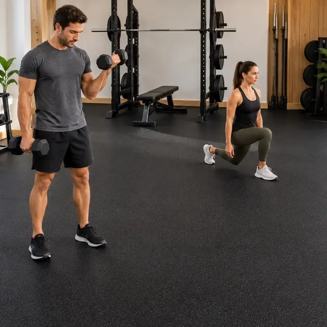 Two adults doing simple dumbbell and bodyweight exercises on fine matte Black continuous rubber flooring in a bright equipped home gym.