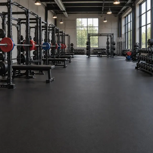 An empty industrial powerlifting gym with black racks, weight plates and a clear training aisle over matte black rubber flooring.
