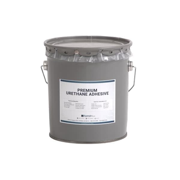 Gray metal bucket with white label reading Premium Urethane Adhesive, sealed with plastic wrap and metal handles
