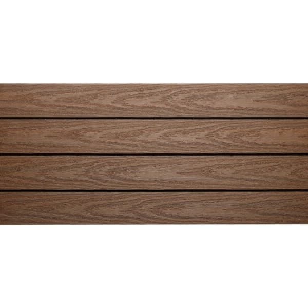 NewTechWood UltraShield 12" x 36" deck tile, Peruvian Teak — close-up of four planks showing wood grain texture