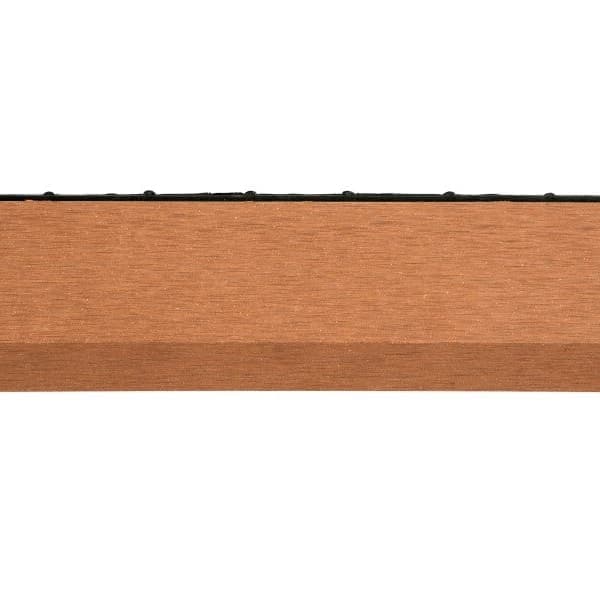 Helios Male Edge composite decking board, red — close-up of the edge showing wood grain texture and black locking strip