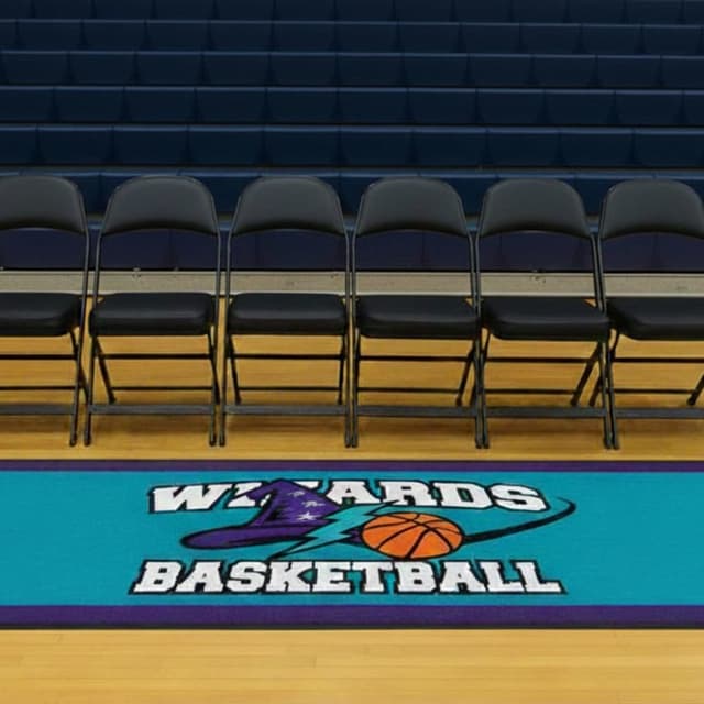 Aqua custom logo floor mat with "Wizards Basketball" design on gym floor