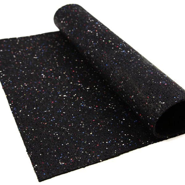 Acoustic Rubber Underlayment Pre-Cut Rolls — Confetti pattern, black with multicolor speckles, rolled and partially unrolled