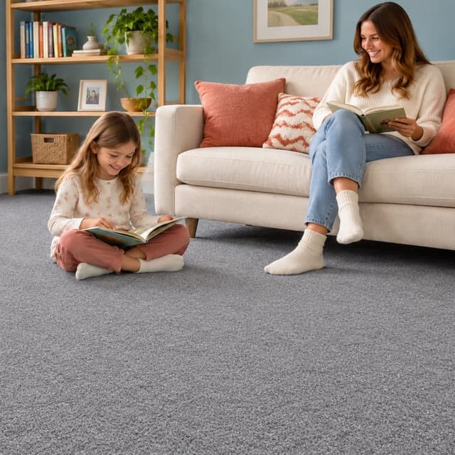 Mother and daughter reading in a bright living room with Light Gray carpet tiles, a cream sofa, wooden shelving and plants.
