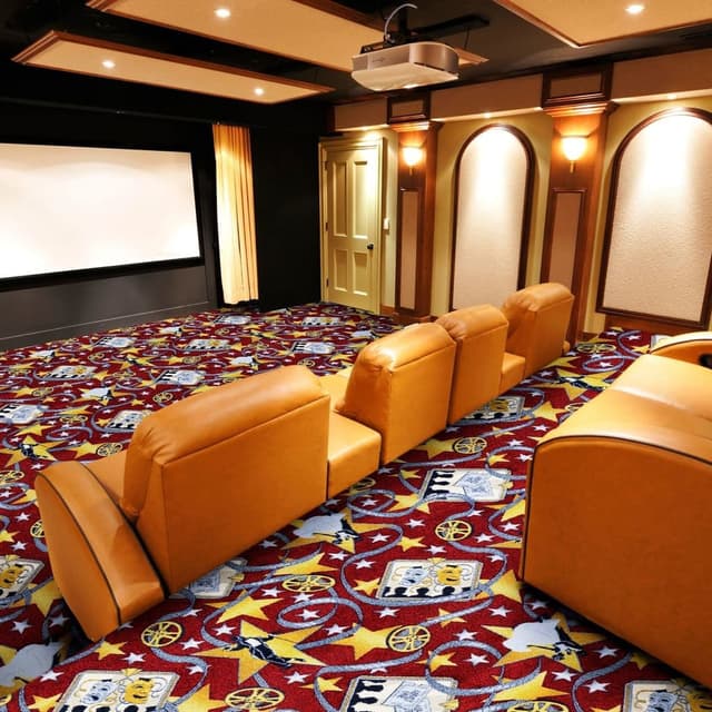 Home theater with red carpet featuring movie reel and star pattern