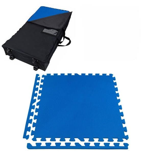 Eco-Soft Trade Show Kit — blue closed cell EVA foam tile with interlocking edges and black wheeled carrying case