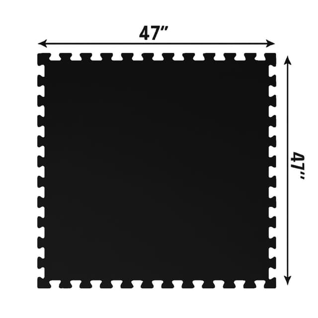 Black Goliath XL interlocking rubber tile with dimension arrows showing 47 inches by 47 inches.