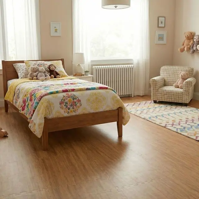 Child's bedroom with light wood foam floor tiles under bed, rug, and furniture