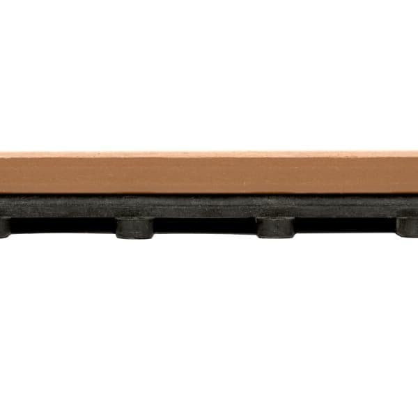 Helios Female Edge composite decking — tan board with black interlocking edge detail close-up