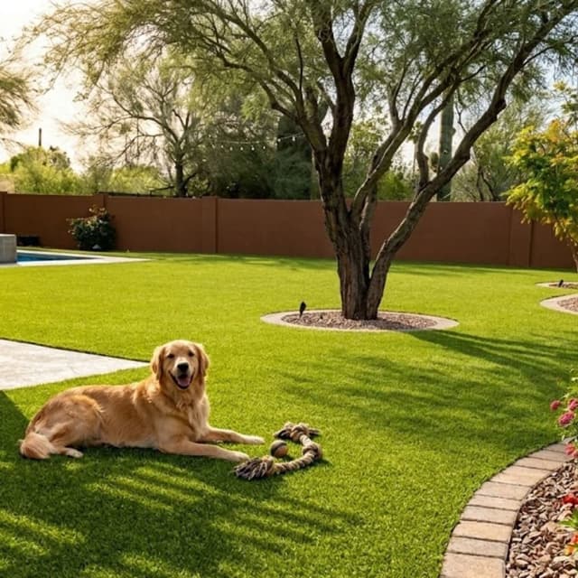 Backyard with Pet Pro Turf Rolls, Field/Olive Green, featuring a golden retriever resting on the artificial grass