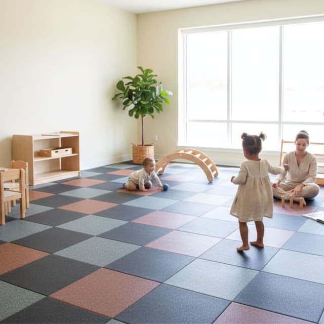 Playroom with 1" Sports Play Tiles in black, gray, and tan checkered pattern under children and wooden furniture