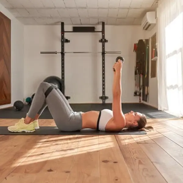 Home gym with 1/4" Tough Mats in black under a woman doing dumbbell exercises