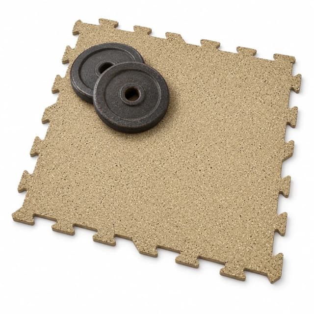 Beige interlocking rubber tile shown at an angle on white with two small iron weight plates resting on it.