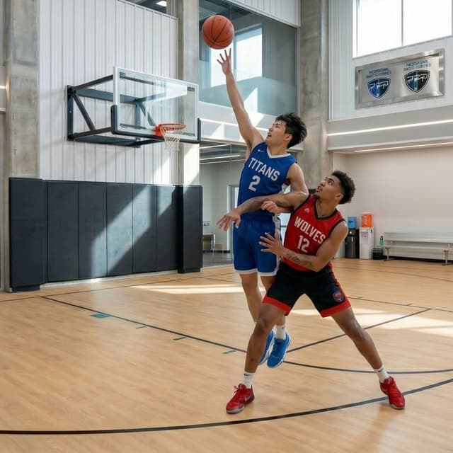 Indoor basketball court with ProGym Planks in Maple finish, two players mid-game under hoop