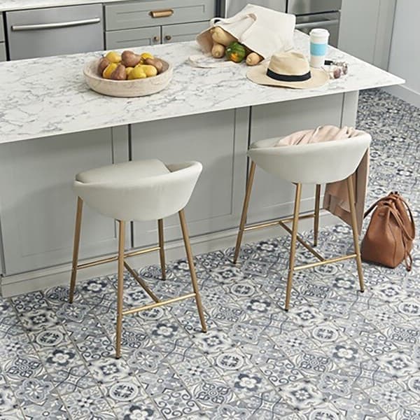 Mannington Revive 12' Luxury Vinyl Sheet, Deco Wrought Iron — kitchen with patterned blue and white flooring