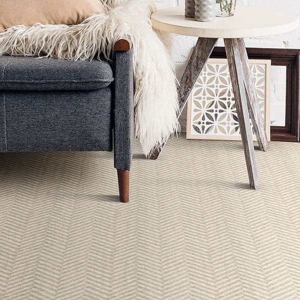 Joy Carpets Favorite Retreat Carpet, Mist — living room floor with herringbone pattern