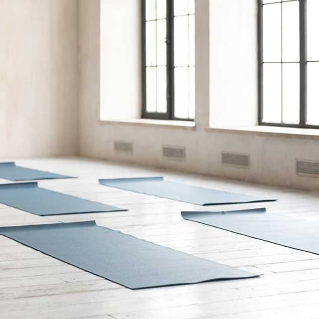Yoga studio with light wood floor and blue yoga mats
