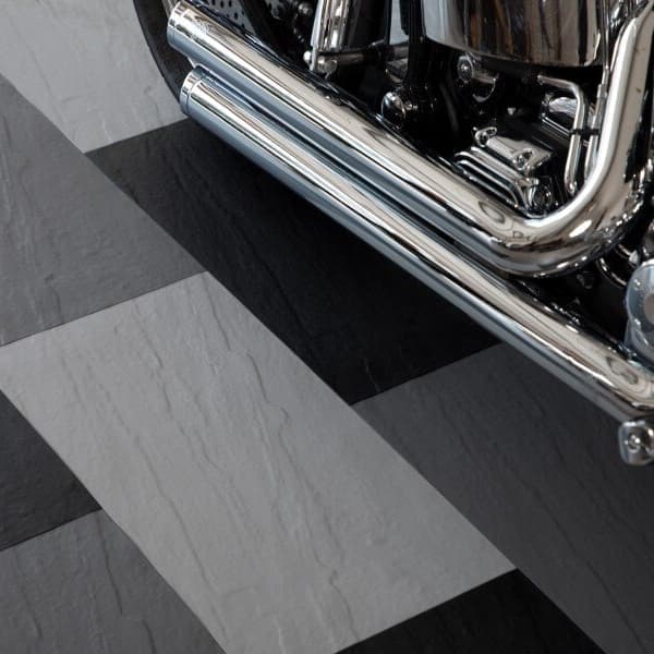 Slate Flex Nitro Tiles in black and dark gray, with motorcycle exhaust