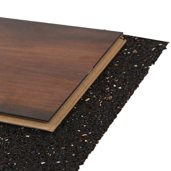 Black rubber roll underlayment under wood plank.