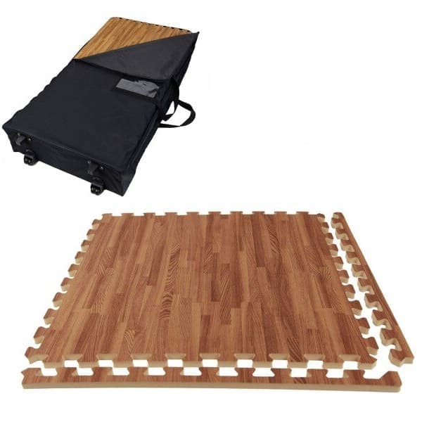 Premium Soft Wood Trade Show Kit — interlocking foam tiles with light oak wood grain pattern and black carrying case with