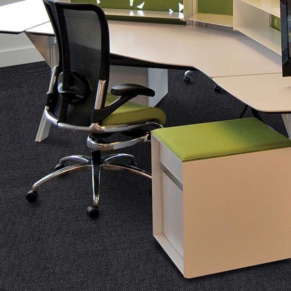 Foss Premium Hobnail Carpet Tiles, Black Ice — office workspace with carpet tiles under desk and chair