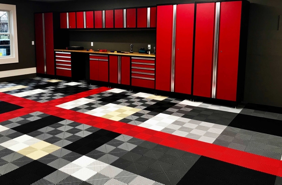 black and red vinyl tiles in a garage