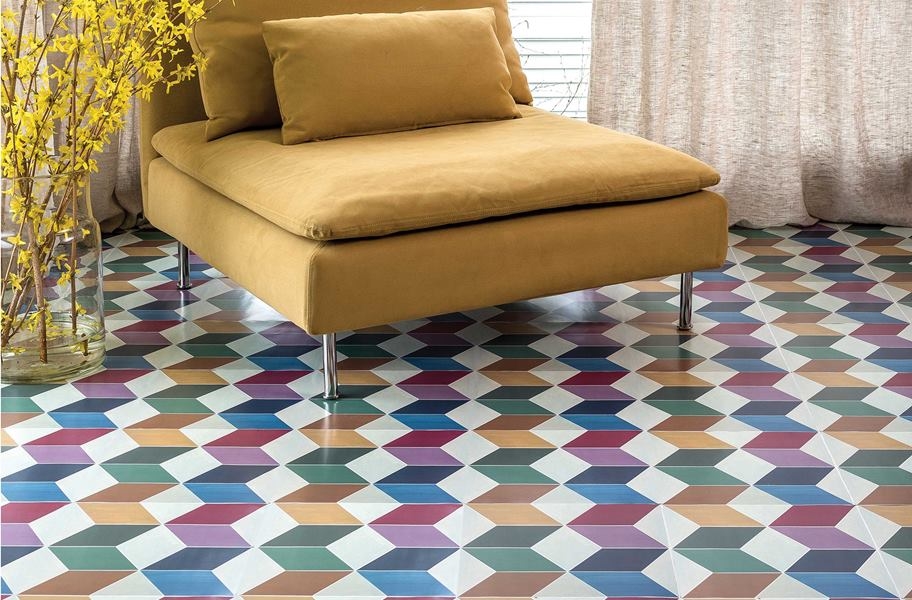 DIY Flooring Ideas: Peel and stick vinyl tiles in a living room setting.