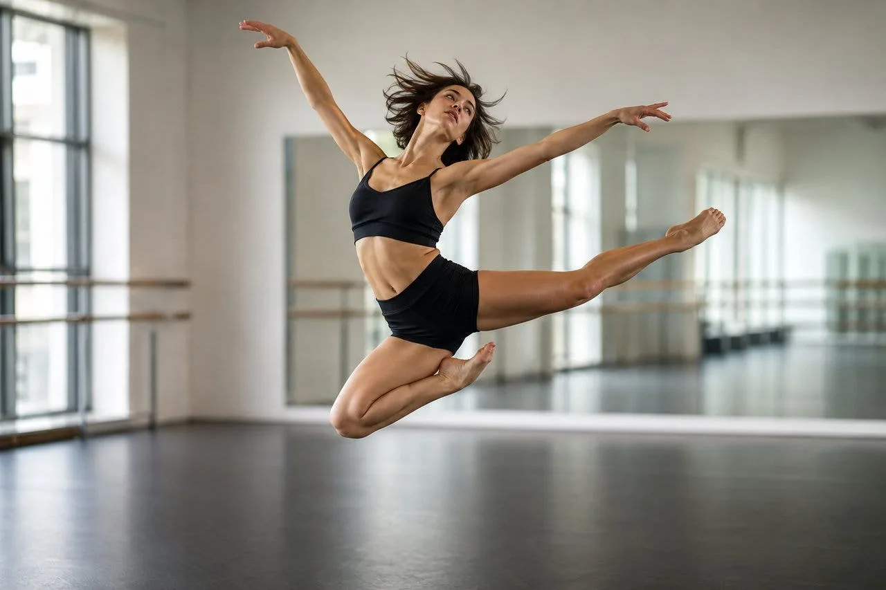 Contemporary dancer mid-leap on a smooth dark marley dance floor in a bright studio