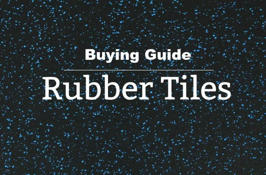 A graphic titled "Buying Guide" with the words "Rubber Tiles" prominently displayed below. The background is a texture of black rubber flooring with vibrant blue flecks. This image serves as a header for content explaining how to purchase rubber flooring