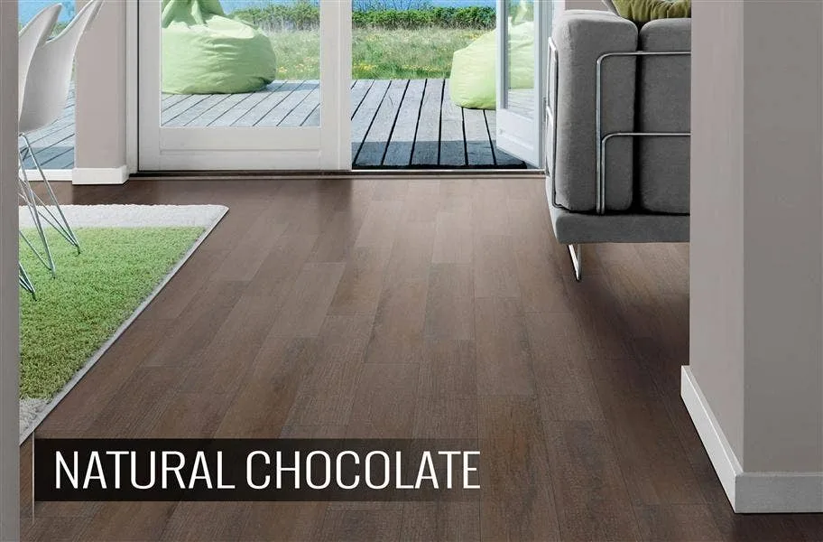 Natural Chocolate dark wood-look tile plank flooring in a living room