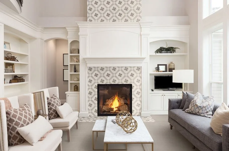 living room scene with tile fireplace