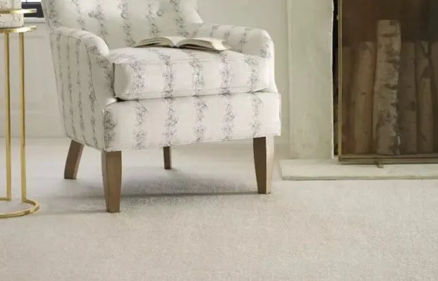 White carpet in a room with a white chair on it